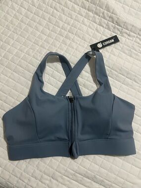 Front-Zip Crossback Sports Bra in Slate Blue